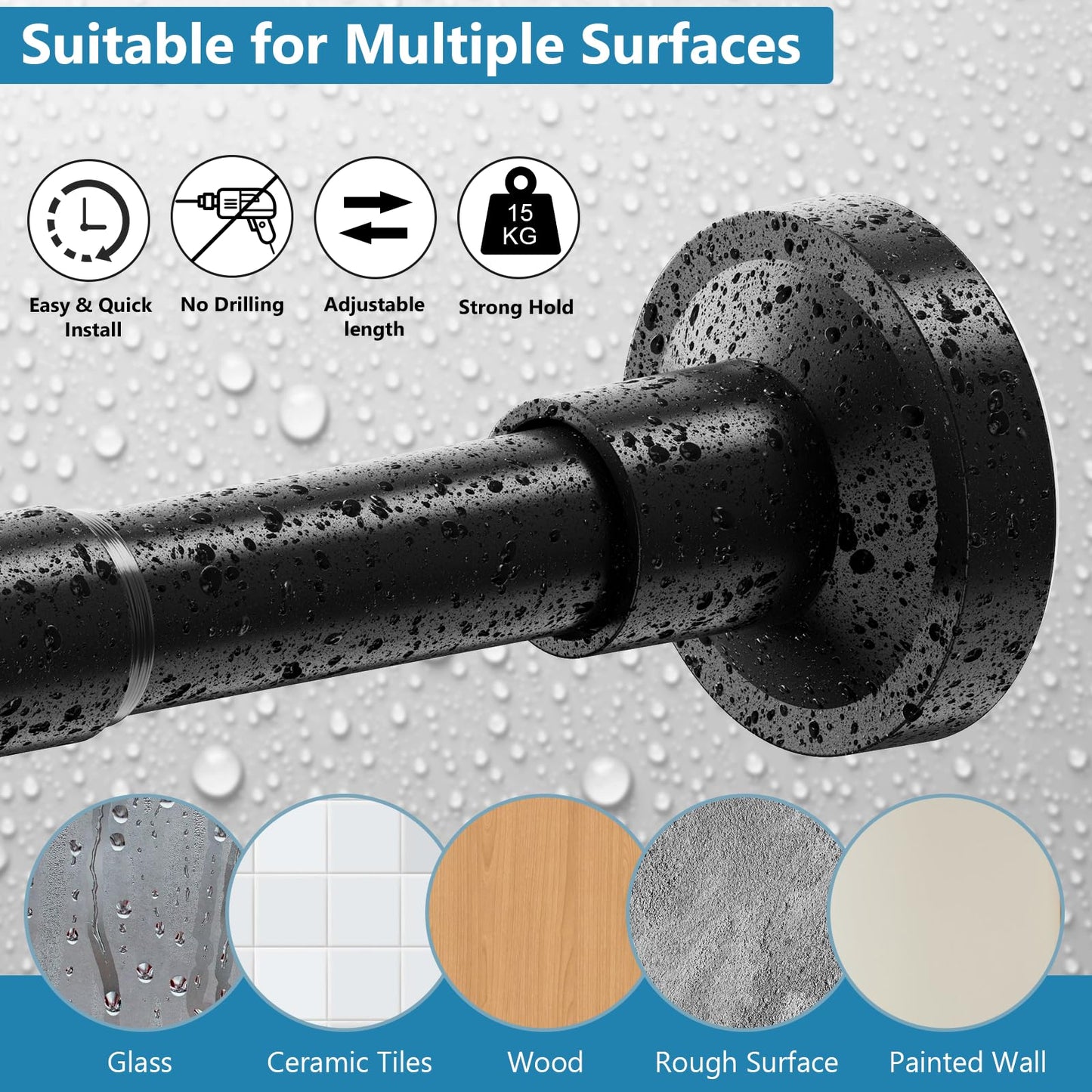 WELDUN Extendable Shower Curtain Rod, Curtain Tension Pole 48-226CM, No Drill Telescopic Curtain Pole