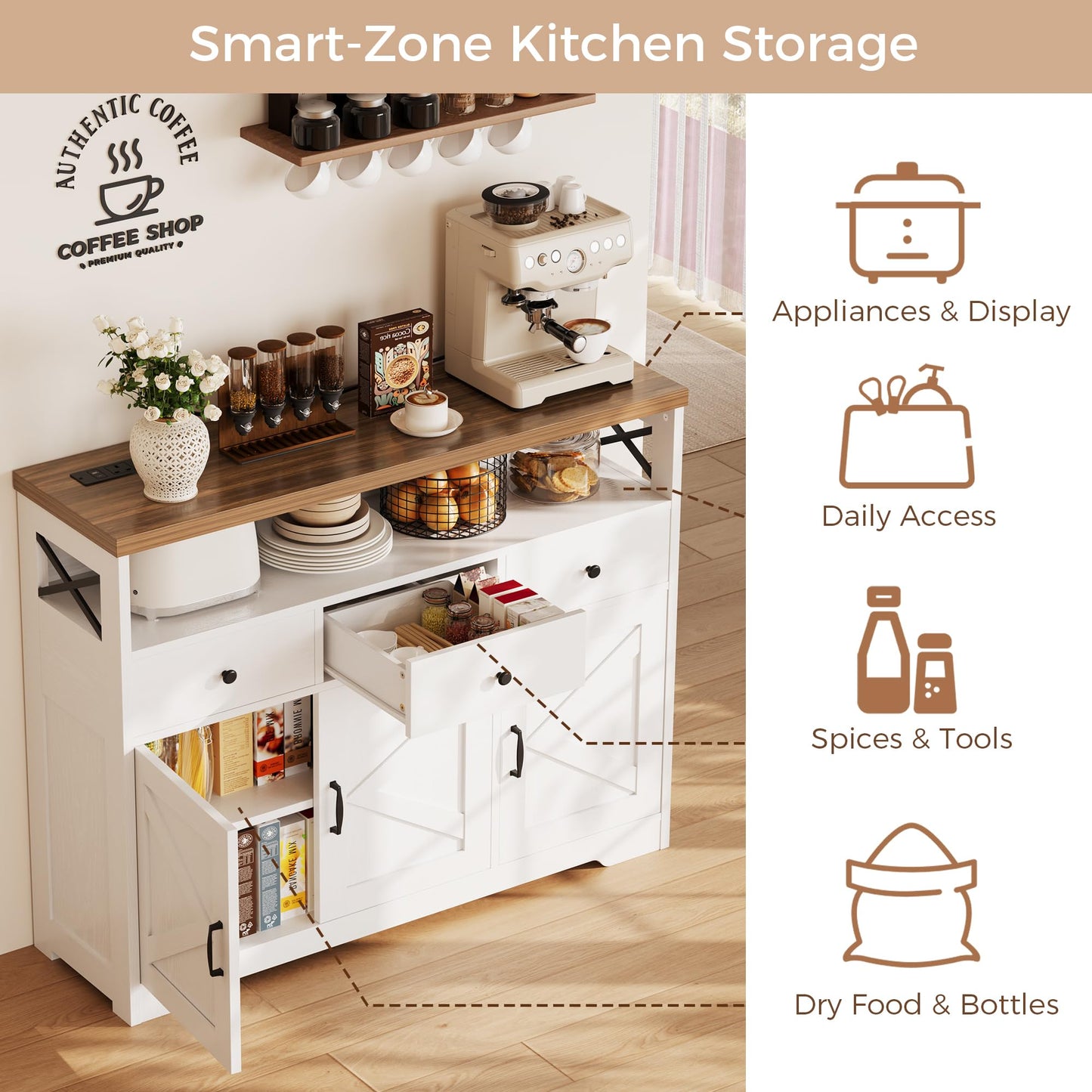 IRONCK Sideboard Kitchen Cabinet with Power Outlets, 107x35x95cm, White