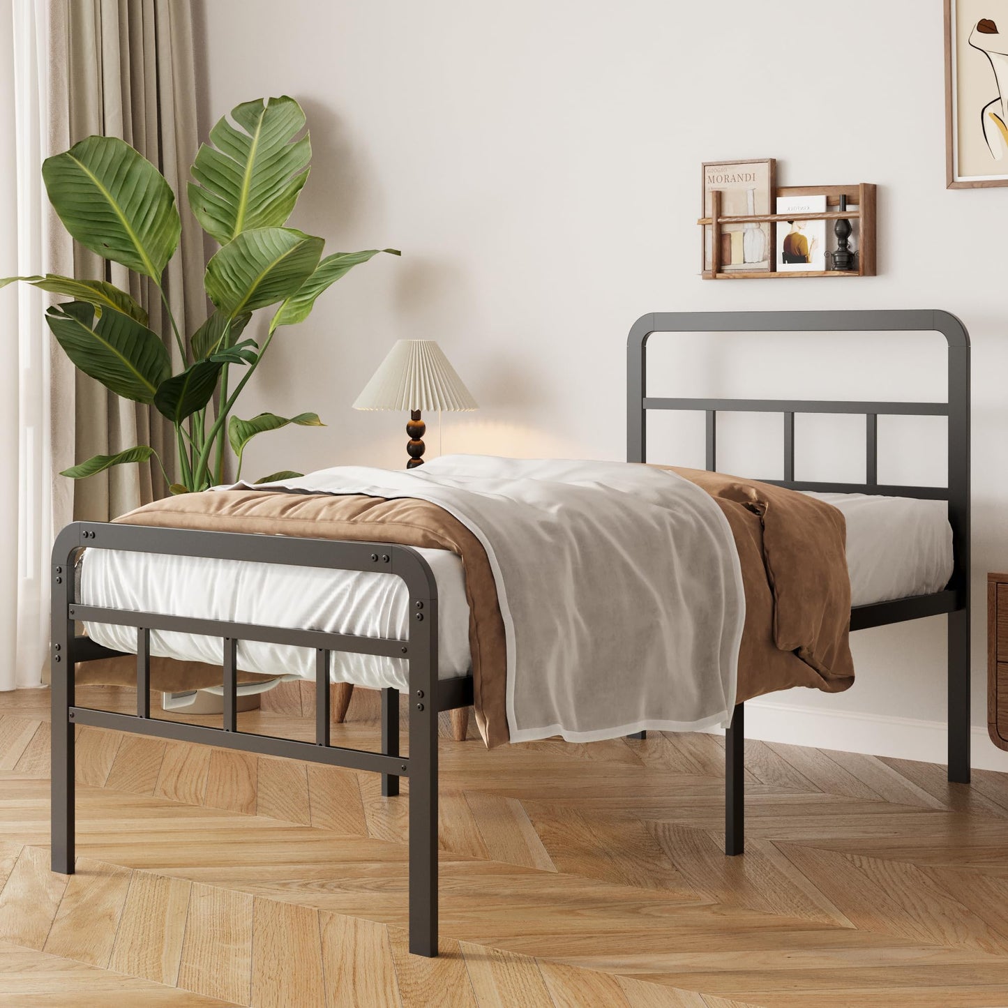 Yicensen 3ft Single Bed Frame with Curved Headboard and Footboard, 46cm Height Single Metal Bed Frame with Heavy Duty Slat Support, Underbed Storage