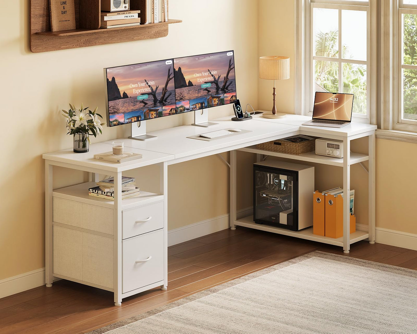 Coleshome Corner Computer Desk with Drawers and Shelves, 140×80 cm, White