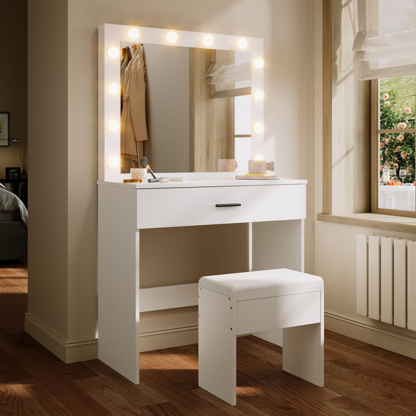 ELEGANT White Dressing Table Set with Hollywood LED Mirror, 80×40×140cm