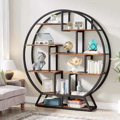 Tribesigns Round Bookcase, Industrial 5 Tier Bookcase, 160cm Tall Rustic Open Shelf Organizer Display Shelf for Home, Office, Living Room