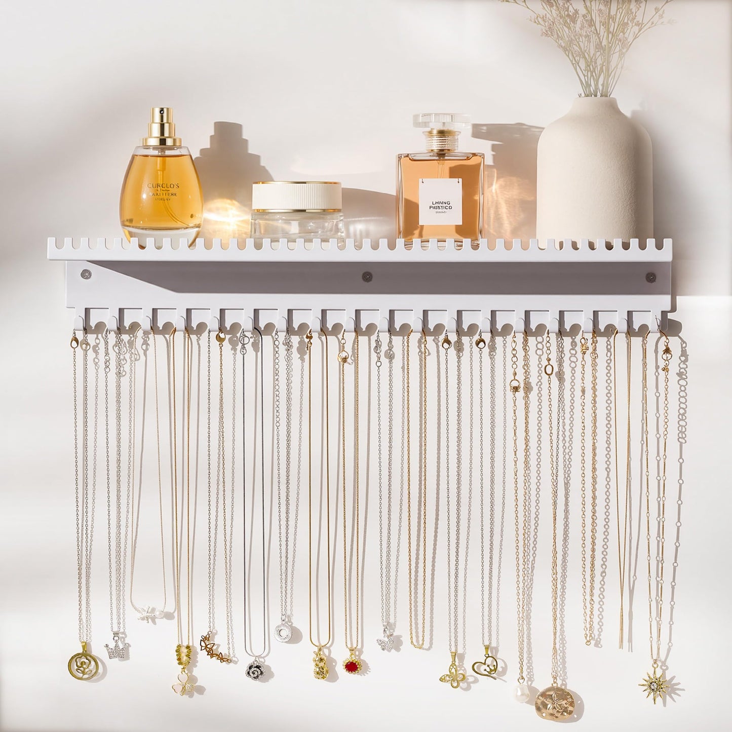 Josmimic Necklace Holder Wall Hanging Organiser: Wall Mounted Jewellery Shelf with 56 Hooks and Tray, Display Hanger for Kids, Girls and Women