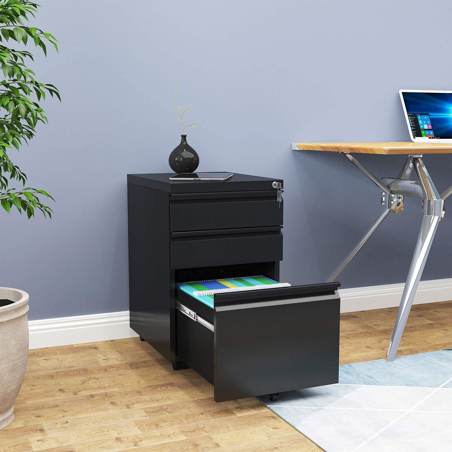 YITAHOME 3-Drawer Mobile File Cabinet with Lock, Office Storage Filing Cabinet for Legal/Letter Size