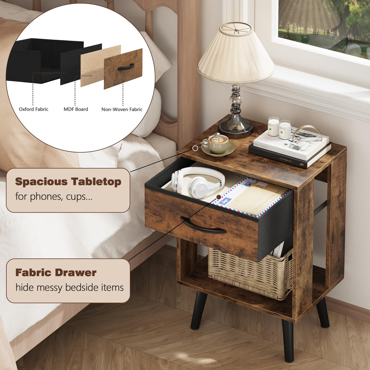 OYRREU Rustic Bedside Table Set of 2 with Drawers & Open Shelf for Bedroom