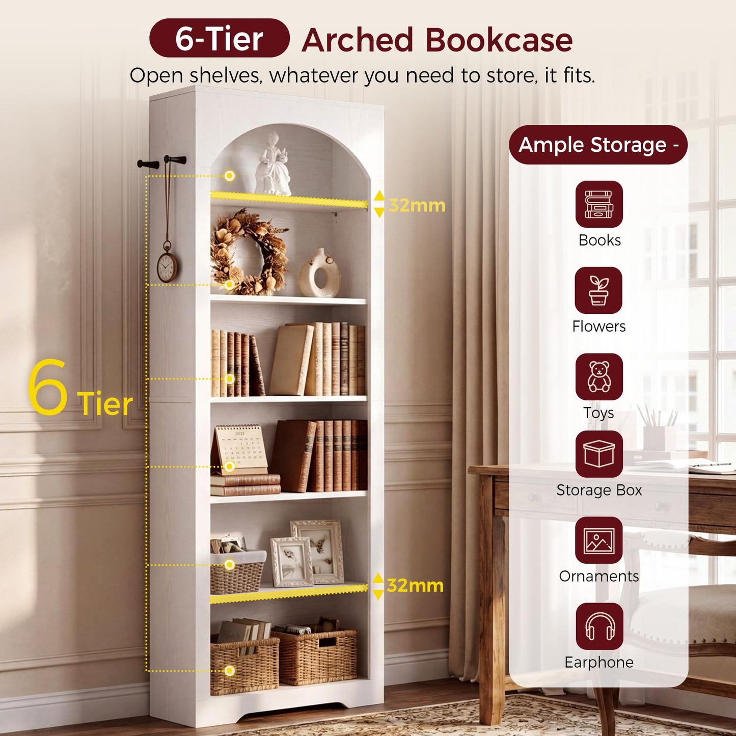 IRONCK 195cm Bookshelf, 6-Tier Arched Bookcase for Living Room