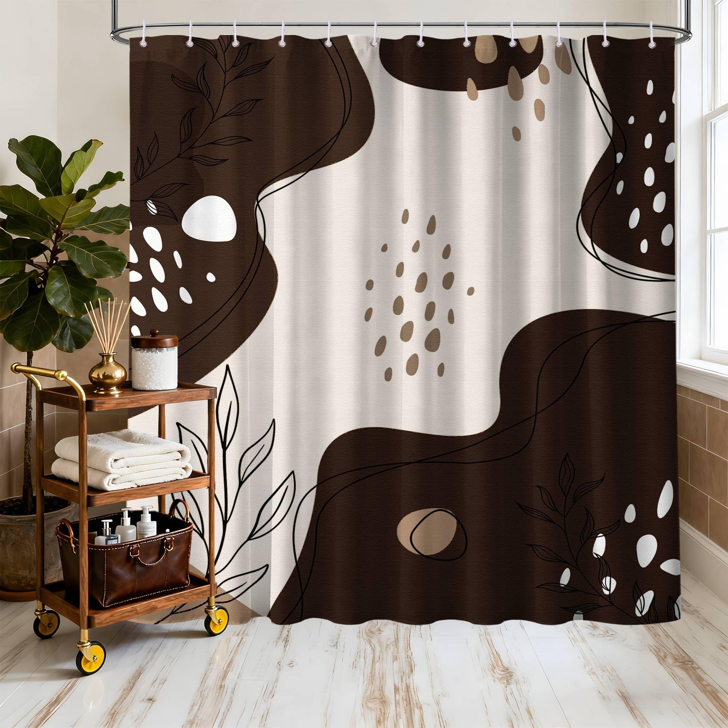LanZanthic Brown and White Shower Curtains for Bathroom Dark Taupe Chocolate Modern Wet Room Shower Curtain with hooks, Mould Proof Resistant