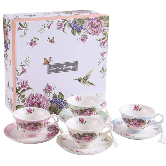 Tea Cup and Saucer Set 4 Coffee Cups Gifts for Women Expresso Coffee Cup Afternoon Tea Set New Bone China Vintage Flora Rose Gift for Her for Home