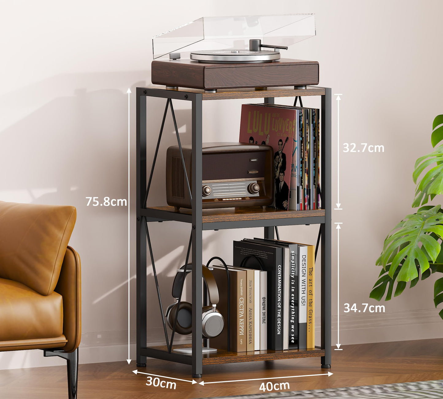 HFHOME Vinyl Record Storage 3 Tier Side Table, Record Player Cabinet for Vinyl Storage and Display, Turntable Stand in Living Room, Bedroom