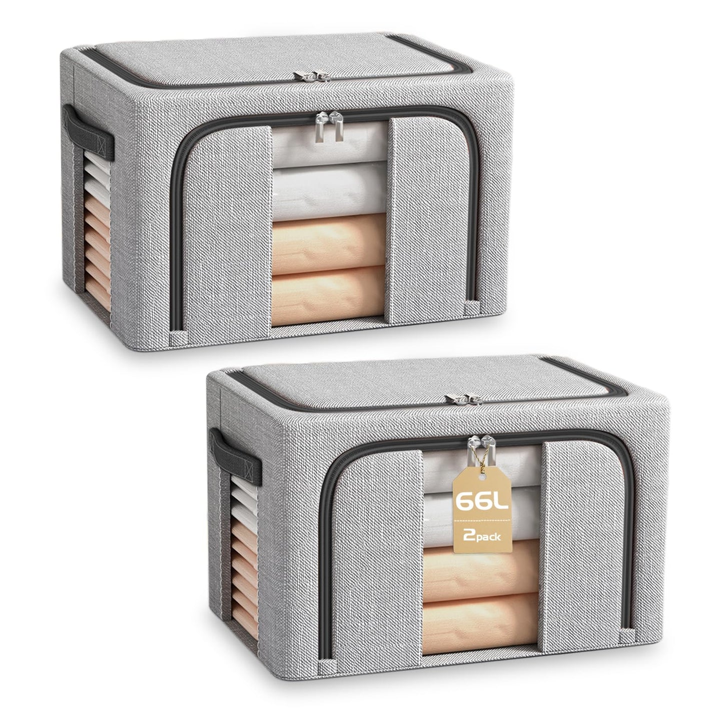 BOUDOI Clothes Storage Boxs With Lid，Large Storage Box With Double opening Zips Clear Windows，Foldable Oxford Cloth Steel Frame