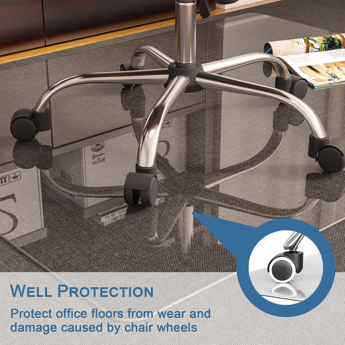 NEUWEABY Tempered Glass Chair Mat for Carpet, Office/Home, 90x115cm Clear Computer Floor Mat with 4 Anti-Slip Pads
