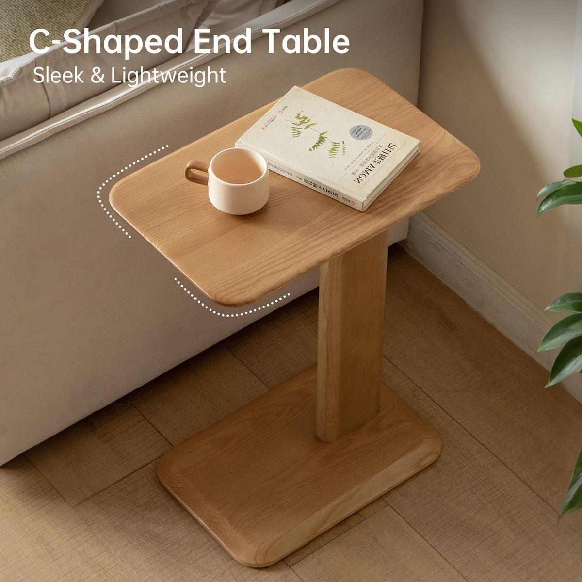 YESWOOD Solid Wood Side Table, C-Shaped Bedside Table, Narrow End Table for Living Room or Bedroom, Modern Sofa Table C Table Ash, Natural Wood Tone