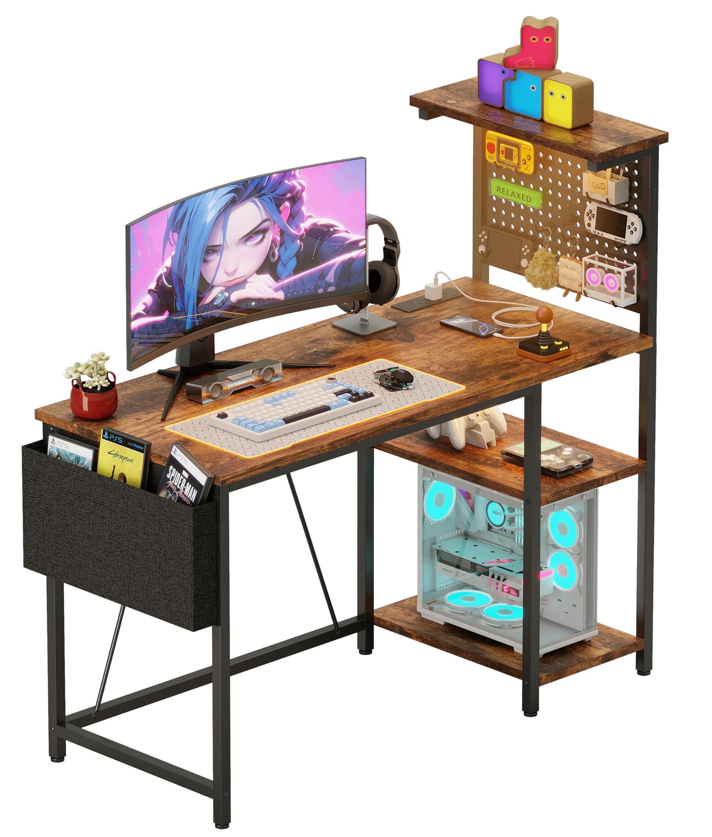 Xyphren Gaming Desk with Pegboard & Power Outlet & LED Light, Small Computer Desk with Reversible Shelves for Corner Home Office Desk, 100 * 50cm
