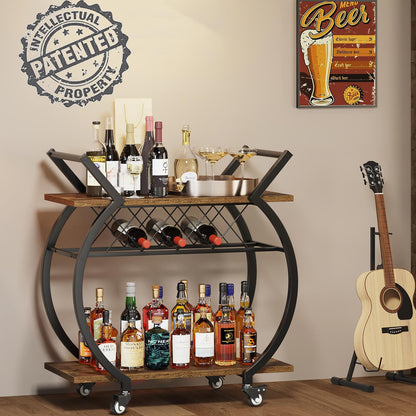LVB Drinks Trolley, Bar Cart for Kitchen, Beverage Serving Liquor Cart with Wheels, Wood and Metal Rolling Wine Cart with Storage Shelf