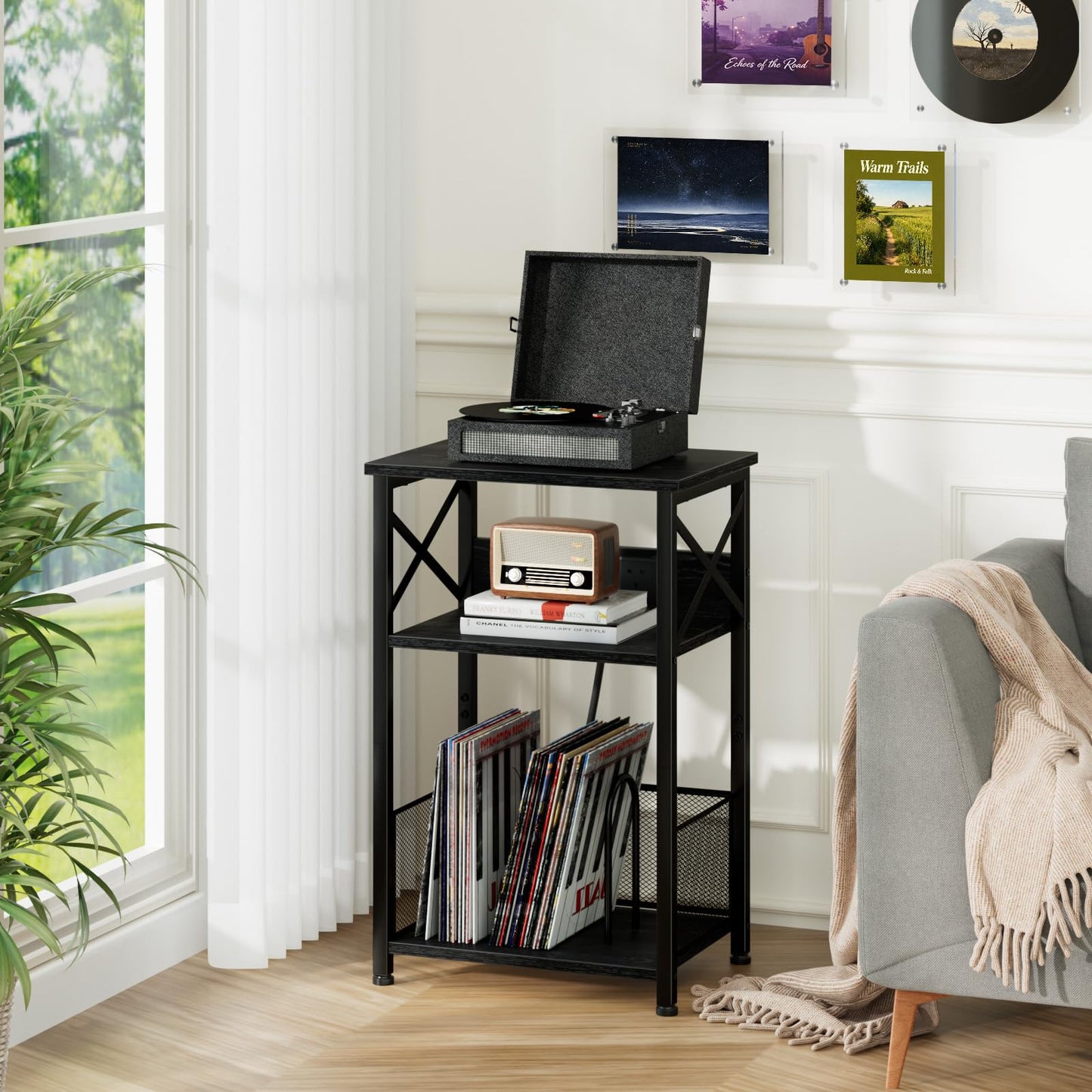 AMHANCIBLE Record Player Stand with Charging Station, Vinyl Record Storage