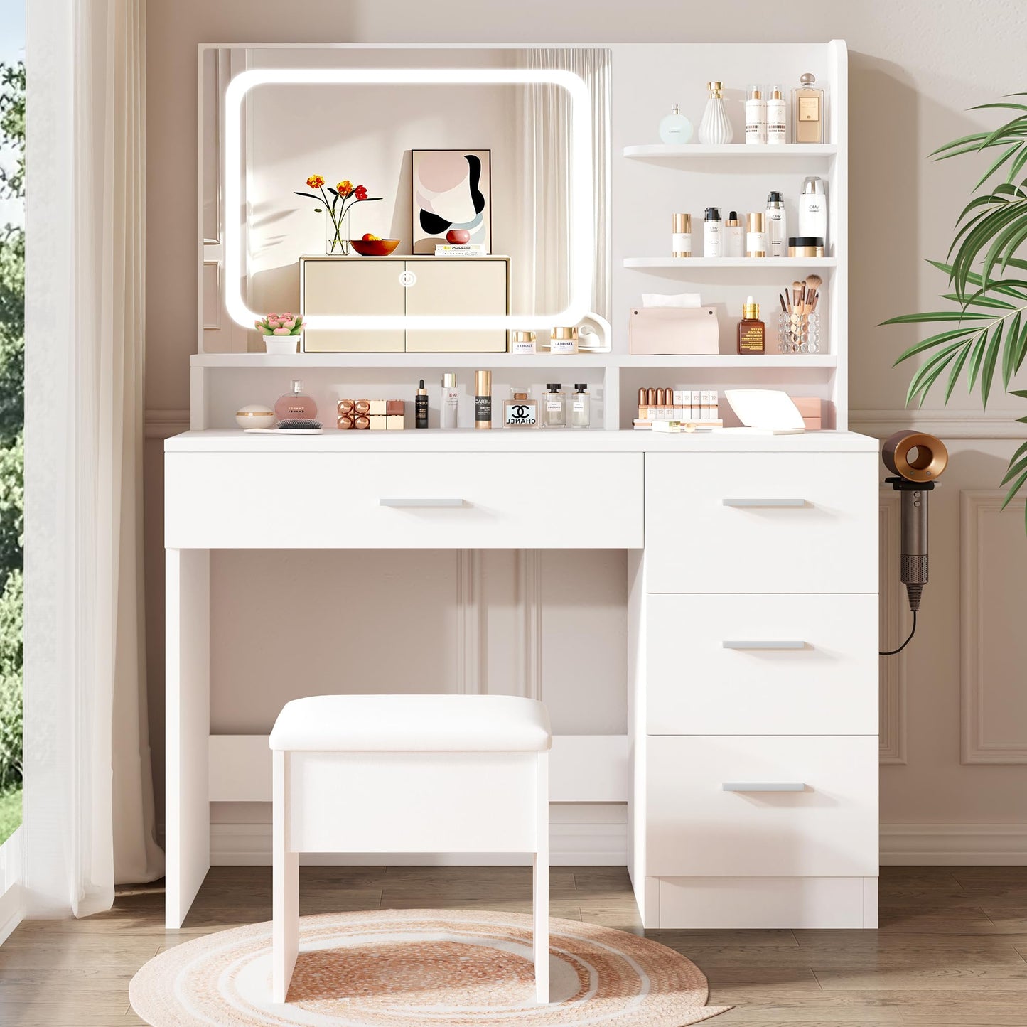 LIVELYGLOW Makeup Vanity Desk with Smart LED Mirror, Dressing Table with Power Outlet & Hairdryer Rack, 4 Drawers & Open Shelves