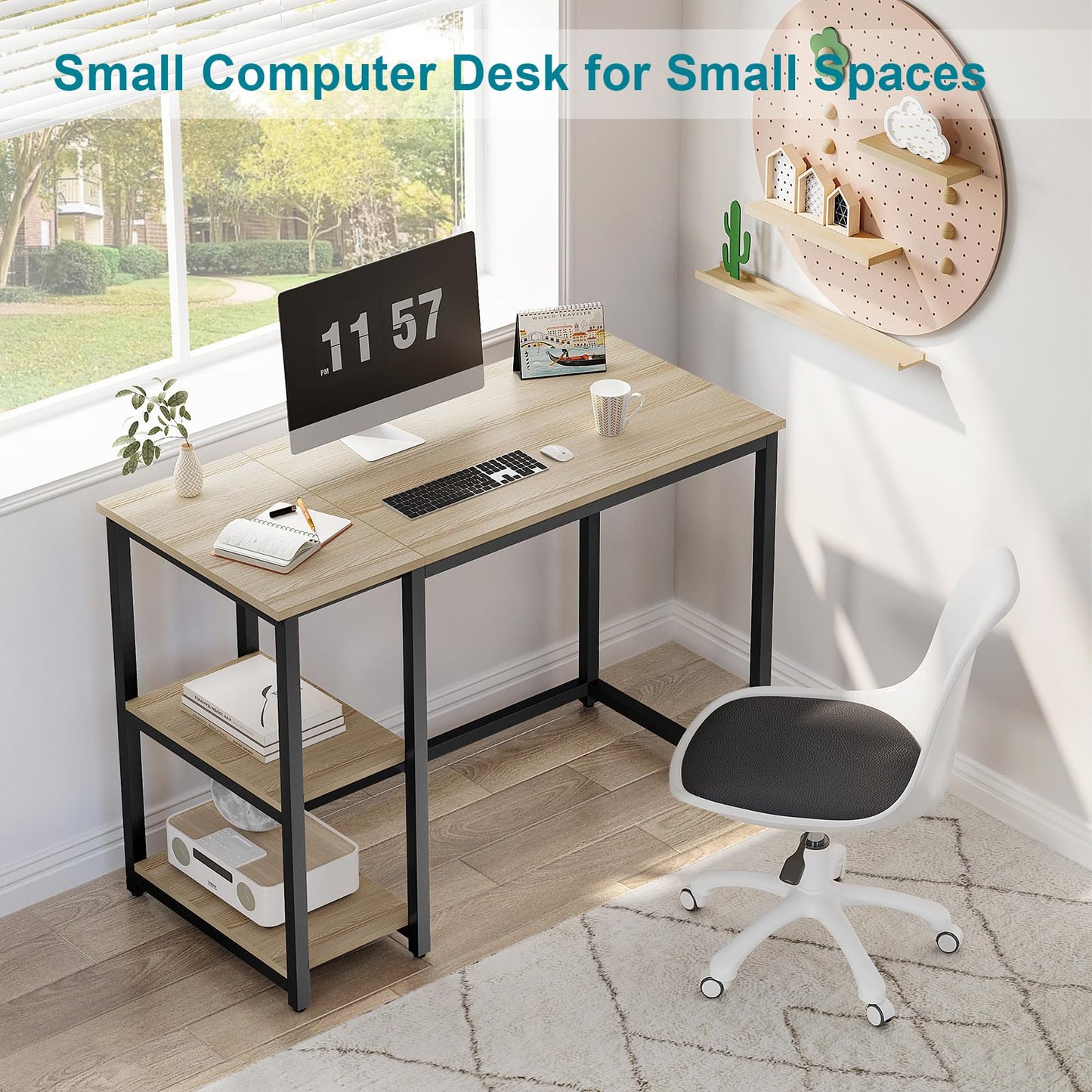 WOHOMO Computer Desk 100cm with 2-Tier Shelves Sturdy Home Office Desk with Large Storage Space Modern Gaming Desk Study Writing Laptop Table for