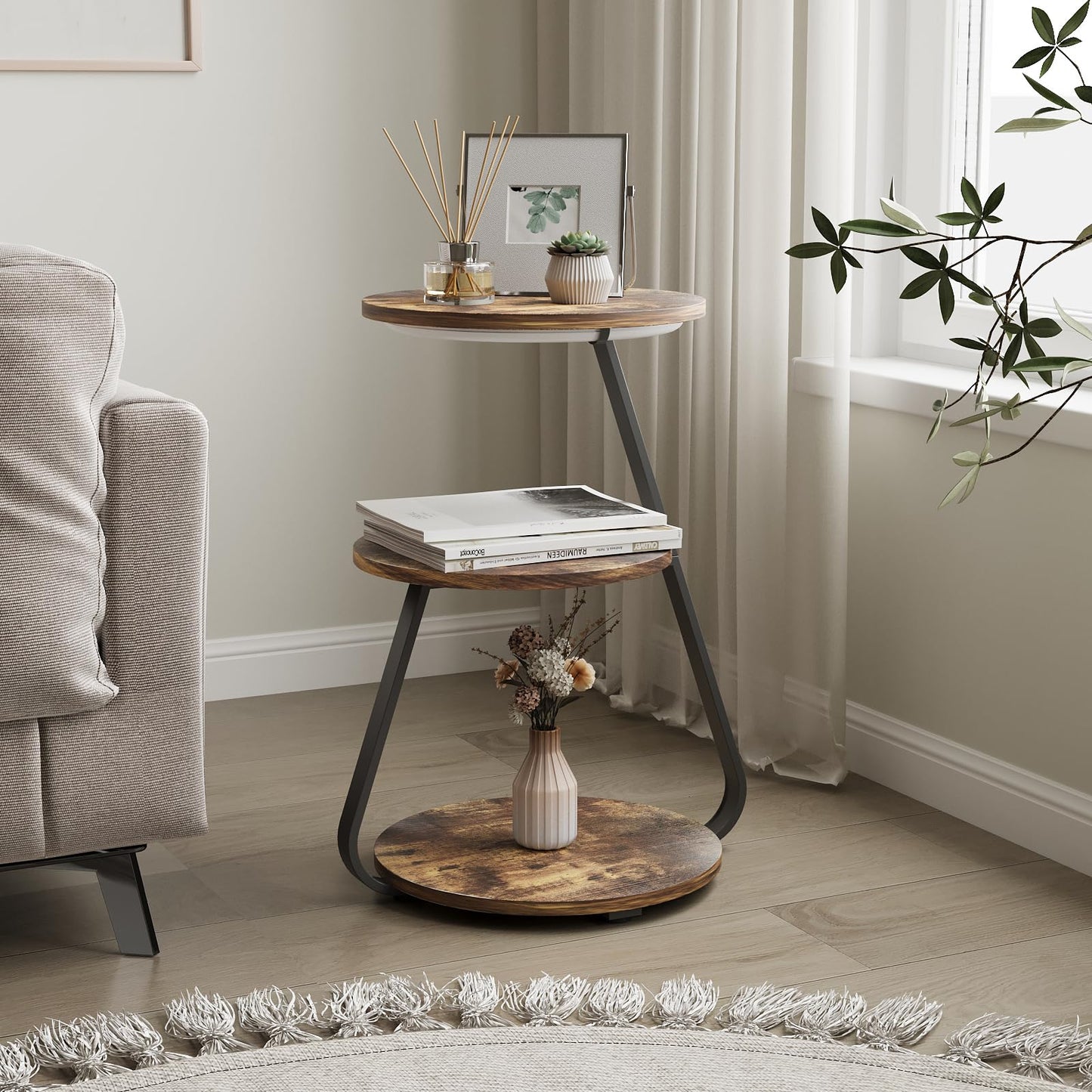 ARTETHYS Side Table, Small Round Coffee Table, Rustic Brown