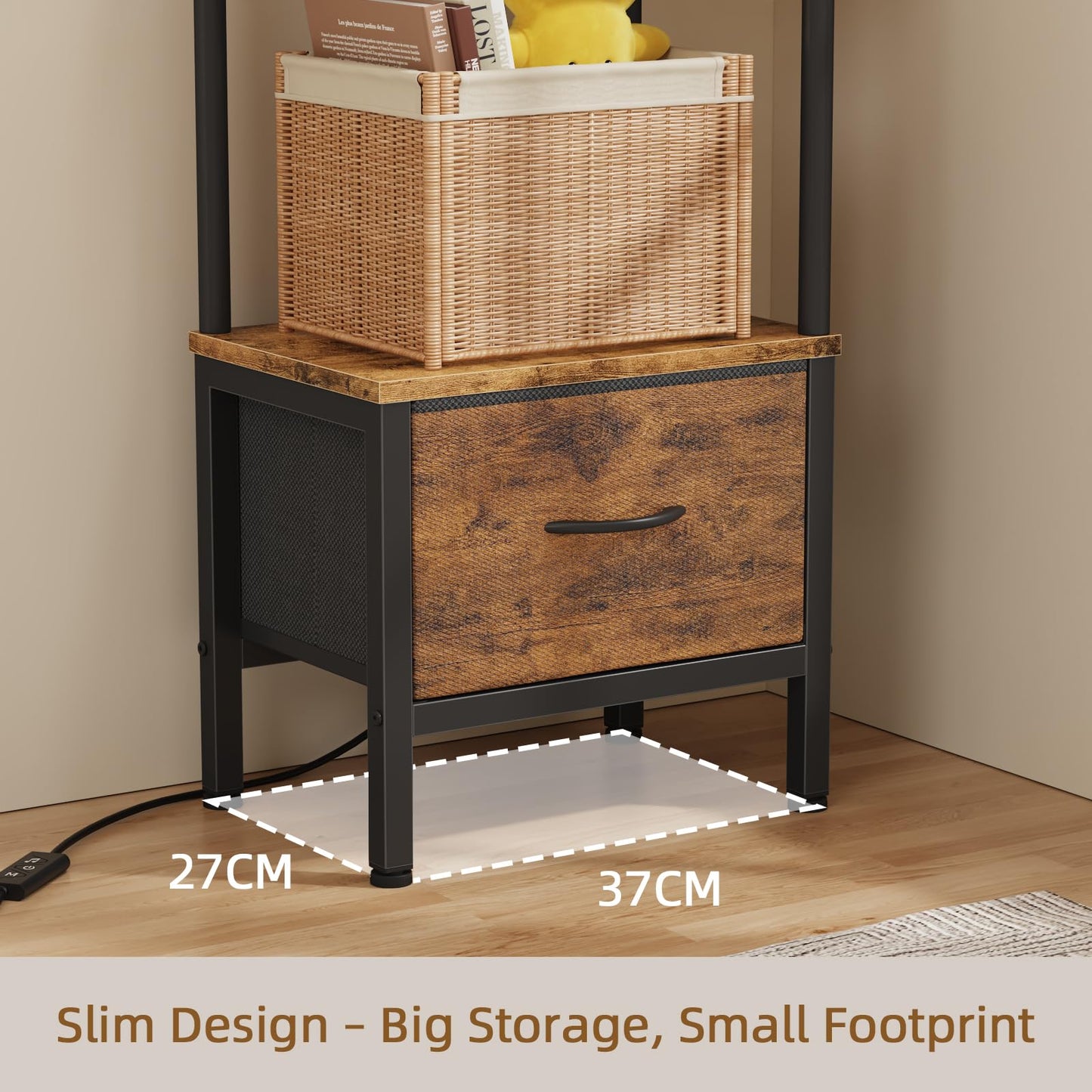 OYRREU 6-Tier Corner Shelf with LED Light & Fabric Drawer, Retro Brown