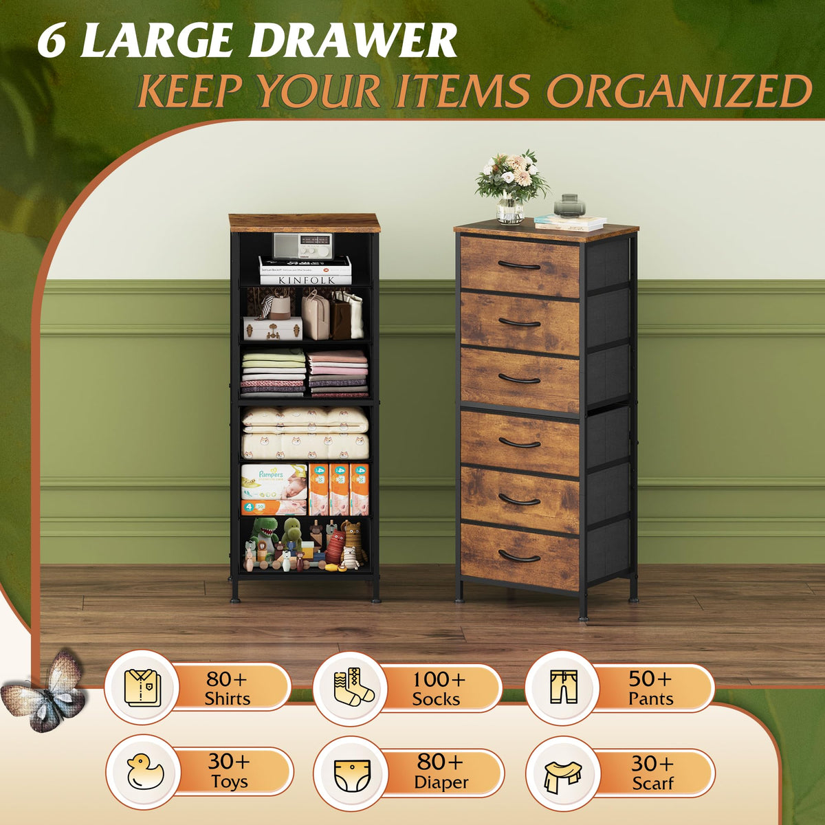 WLIVE Chest of Drawers, 6 Fabric Drawers Tall Narrow Dresser for Bedroom
