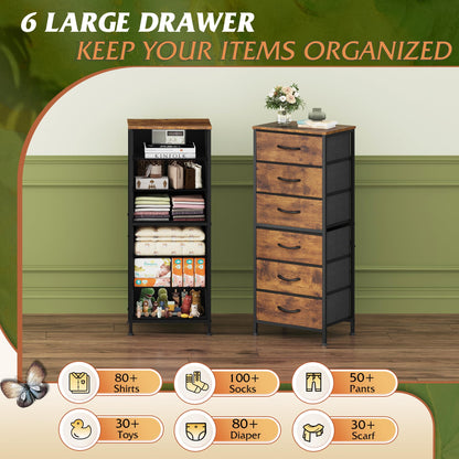 WLIVE Chest of Drawers, 6 Fabric Drawers Tall Narrow Dresser for Bedroom
