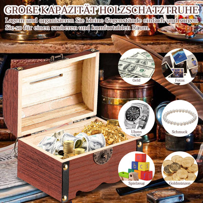 Forbabe Treasure Chest Wooden Brown Small Money Box with Lock 14.5 x 10.5 x 10.3 cm