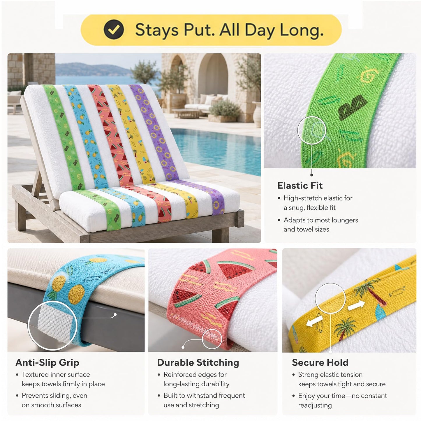 5 Pcs Towel Clips for Sun Loungers, Elastic Bands for Sunbed Towel, Windproof Sun Lounger Straps for Sun Loungers Pool Beach Chairs