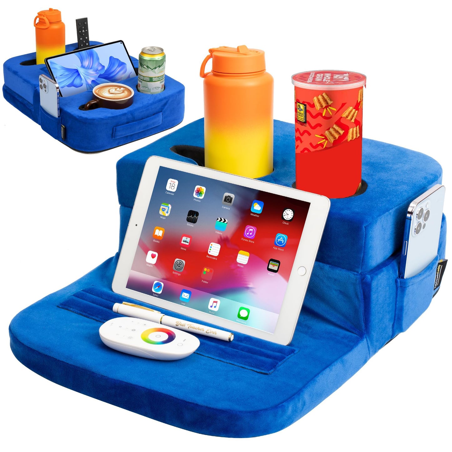 TabCouchCaddy - Couch Cup Holder Tray Pillow - Bed, Couch Caddy, Sofa, RV & Car - Holds Drinks, Snacks, Remotes, Phones, Kindle, Tablet