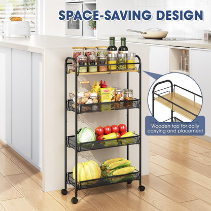 KINGRACK 4-Tier Slim Rolling Cart, Metal Utility Cart, Slide Out Storage Cart with Wooden Tabletop and Mesh Baskets for Narrow Space on Kitchen