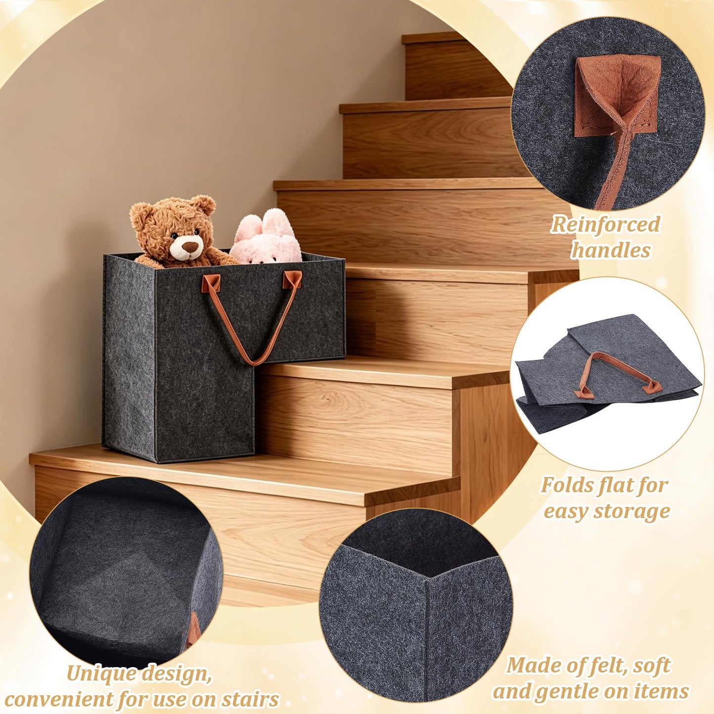 INTERWARM 3Pcs Foldable Stair Basket, Felt Stair Step Storage Bag with Leather Handle