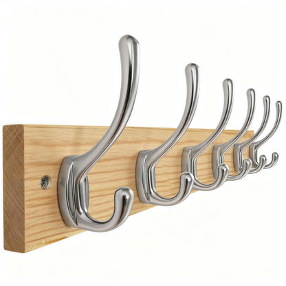 HONSKY Wall Coat Rack - 6 Double Hooks 44cm | Wooden & Metal Towel/Coat Hanger for Entryway, Bathroom, Bedroom, Garage | Easy Install
