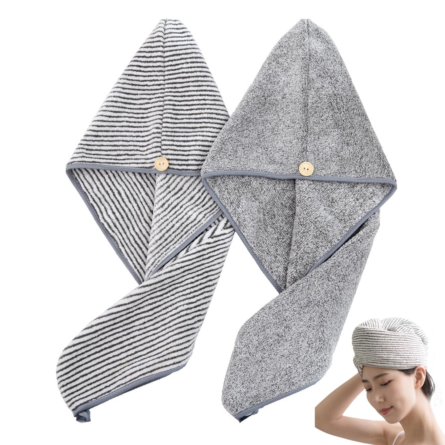 TRACOMPAN 2-Pack Microfibre Hair Towel Wrap - Super Absorbent & Quick Drying Hair Turban, Soft Anti-Frizz Towel for Women with Button Strap