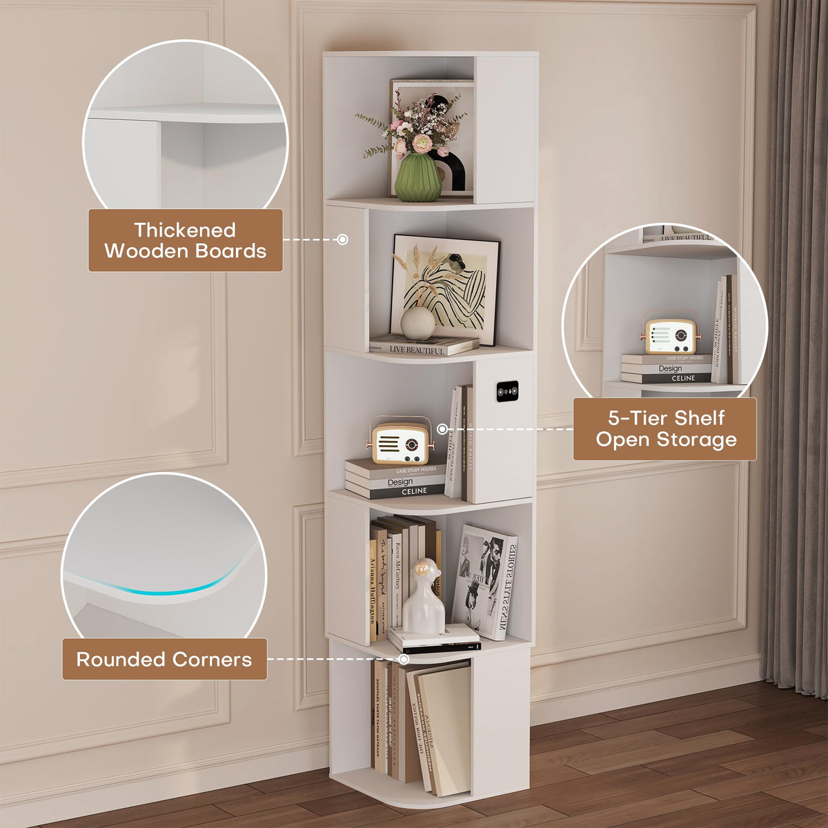 64.8 " Corner Wood Bookcase with Body Sensor LED for Home Office,White