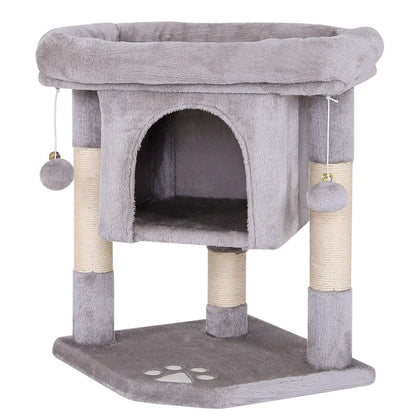 lionto Scratching tree for cats with cave & 2 plush balls incl. bells, height 60 cm, cat tree with robust sisal rope & soft plush, cozy lying surface,