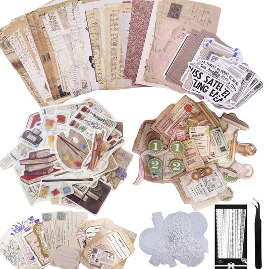 Carreuty 290pcs Aesthetic Scrapbooking Stickers Paper Pack, DIY Decorative Paper Book and Study Tool Supplies Stickers Paper Kit for Scrapbook