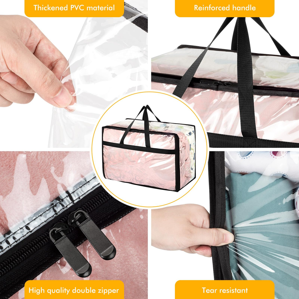 8 Pack Clear Plastic Storage Bags with Zips, 55L Foldable Clothes Storage Boxes Organizer with Reinforced Handle for Bedding, Blankets and Moving