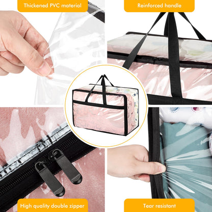 8 Pack Clear Plastic Storage Bags with Zips, 55L Foldable Clothes Storage Boxes Organizer with Reinforced Handle for Bedding, Blankets and Moving