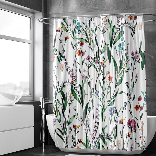 ROCK CLOUD Floral Shower Curtain, Watercolor Flowers Fabric Bathroom Curtains Set with Hooks Decorative Botanical Leaves Pattern Machine Washable 72"