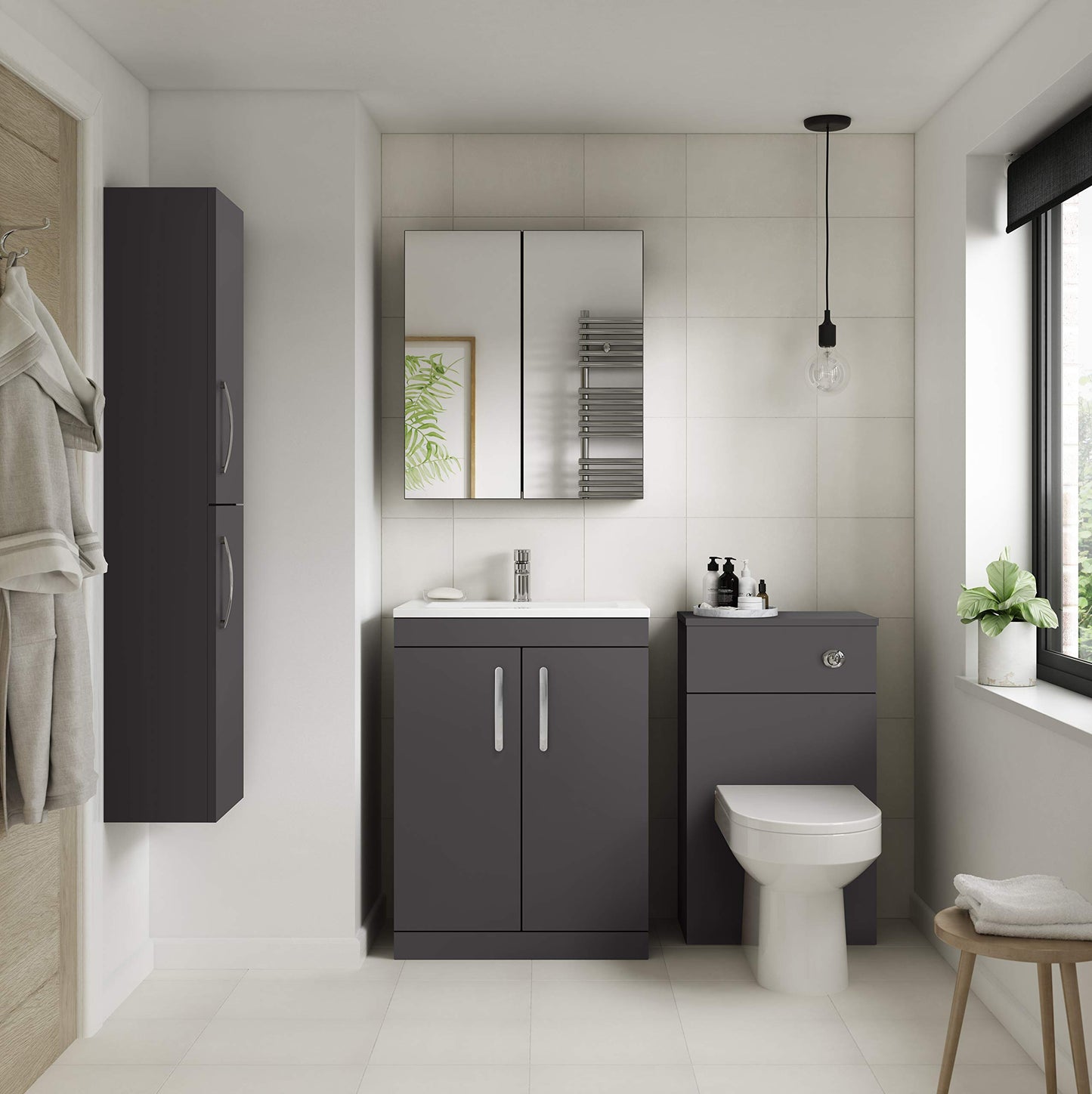 nuie ATH075G Athena Modern Bathroom Floor Standing 2 Soft Close Doors Vanity Unit with Curved Ceramic Basin with 30mm Profile, 600mm, Gloss Grey