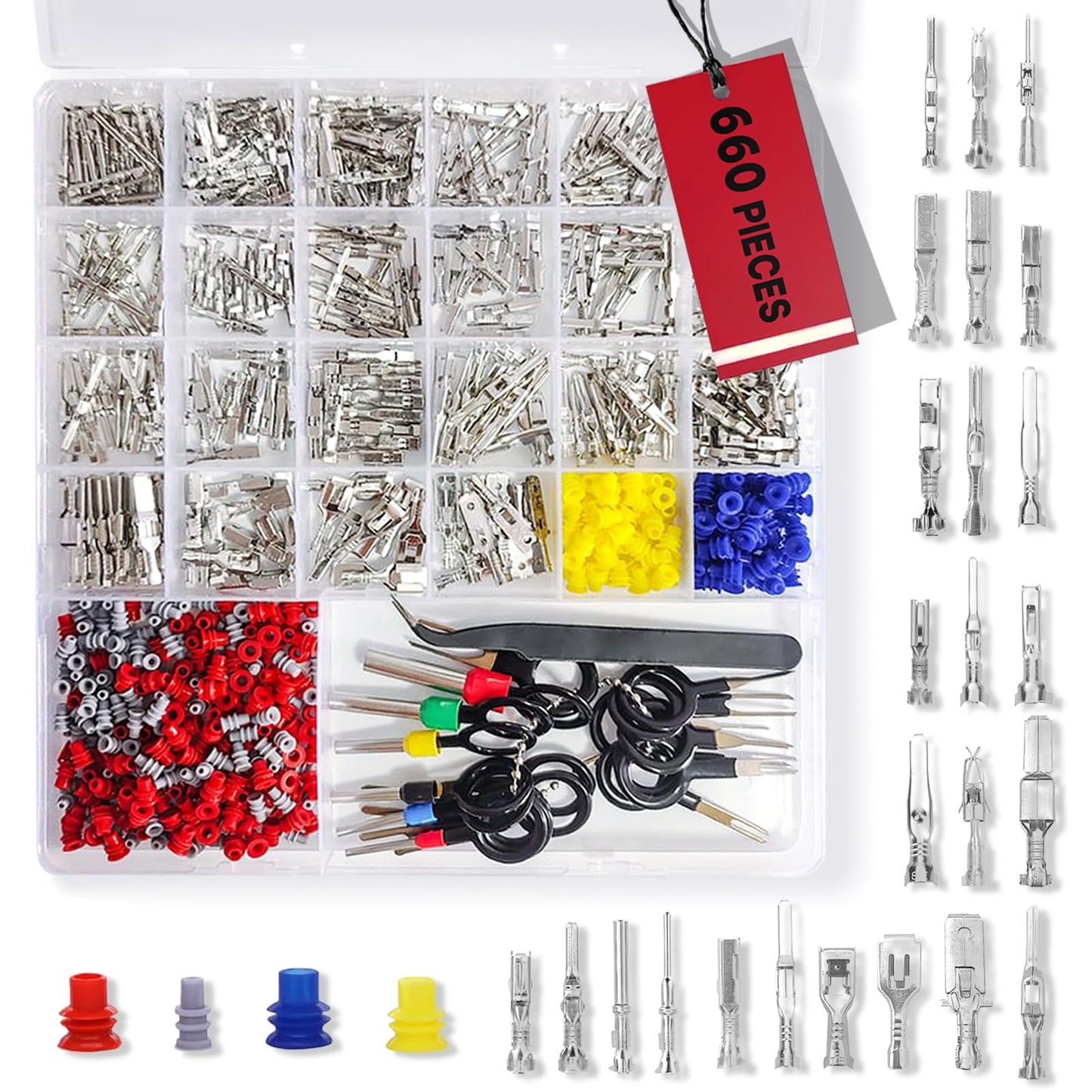 25Types Electrical Connectors, 660Pcs Car Electrical Wire Connector Pins,1/1.5/1.8/2.2/2.8/3.5/4.8/6.3mm Terminal Pin Kit, Non-Insulated Plug Removal