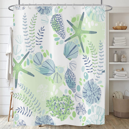 ASDCXZ Maritim Shower Curtain 180x200 cm, Blue Green Sea Animals Starfish Shell Leaves Maritime Nautical Washable Shower Curtains Polyester Textile