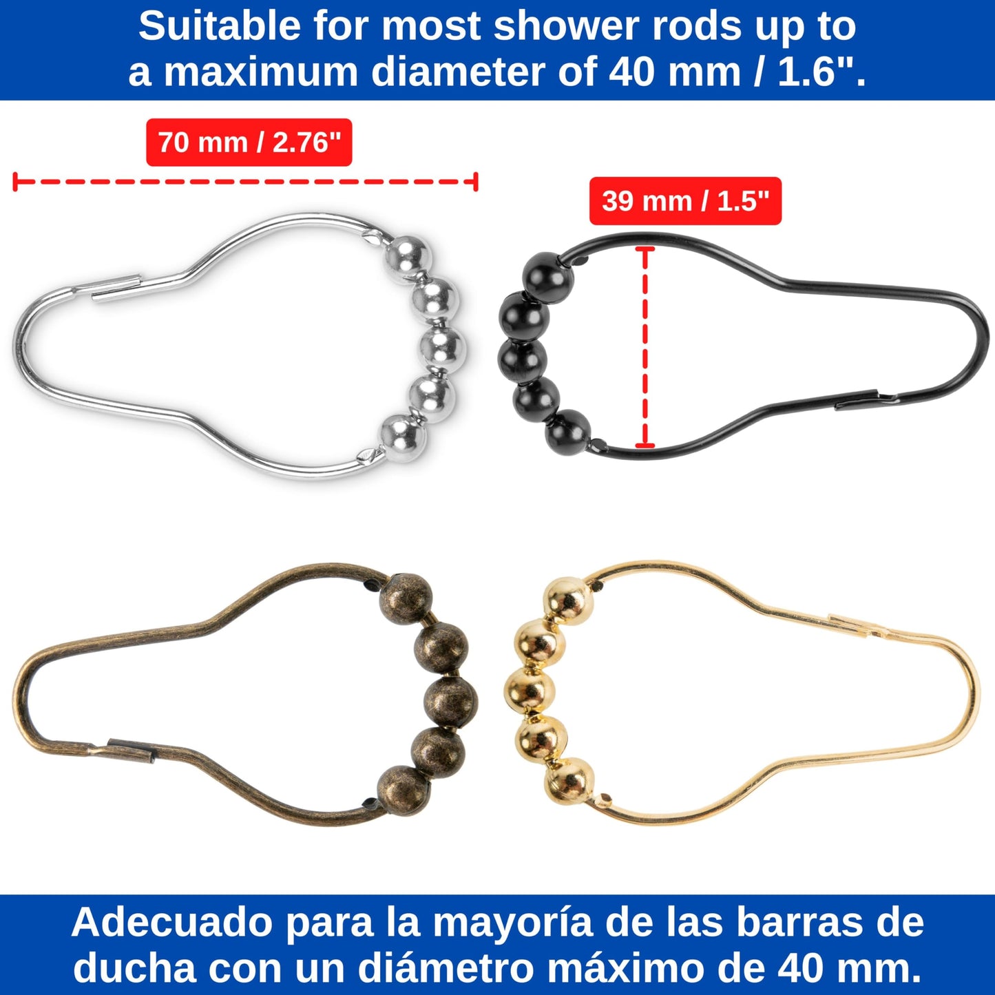 Shower Curtain Rings, 24 Pack, in Silver-Colour, Inner Diameter 2.7 x 1.5", for Shower Curtain Rods, sturdy metal shower rings, with Rolls to slide