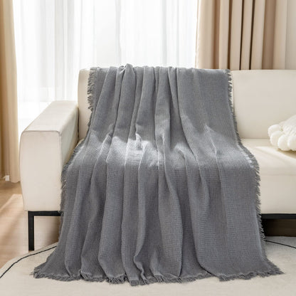 LHGOGO Woven Waffle Sofa Throw Large 3 Seater with Tassels - Reversible 180x300cm Throws for Sofas, Settees, Couch, and Armchair - Grey, 70.87 x