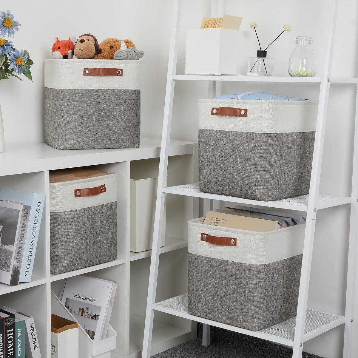 VIIHTYISA Fabric Storage Box, 4-Piece Set 30x30x30cm Cube Storage Boxes with Faux Leather Handle for Cube Shelves, Closet, Wardrobes | Grey & White