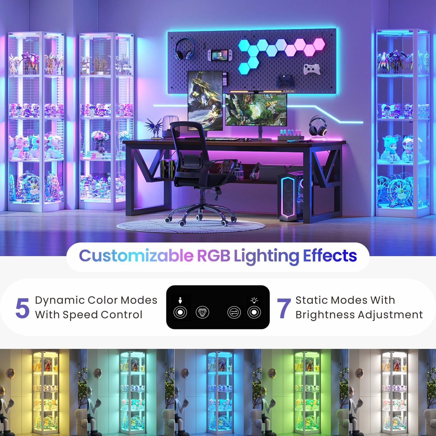 FREDEES Glass Display Cabinet with RGB Lights, 175CM, White