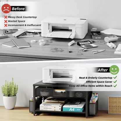BOKIOVIN Metal Desk Printer Stand with Storage Drawer and 2 Pen Holders, 2 Tier Desktop Printer Riser Shelf with Paper Holder Storage,Multi-Purpose