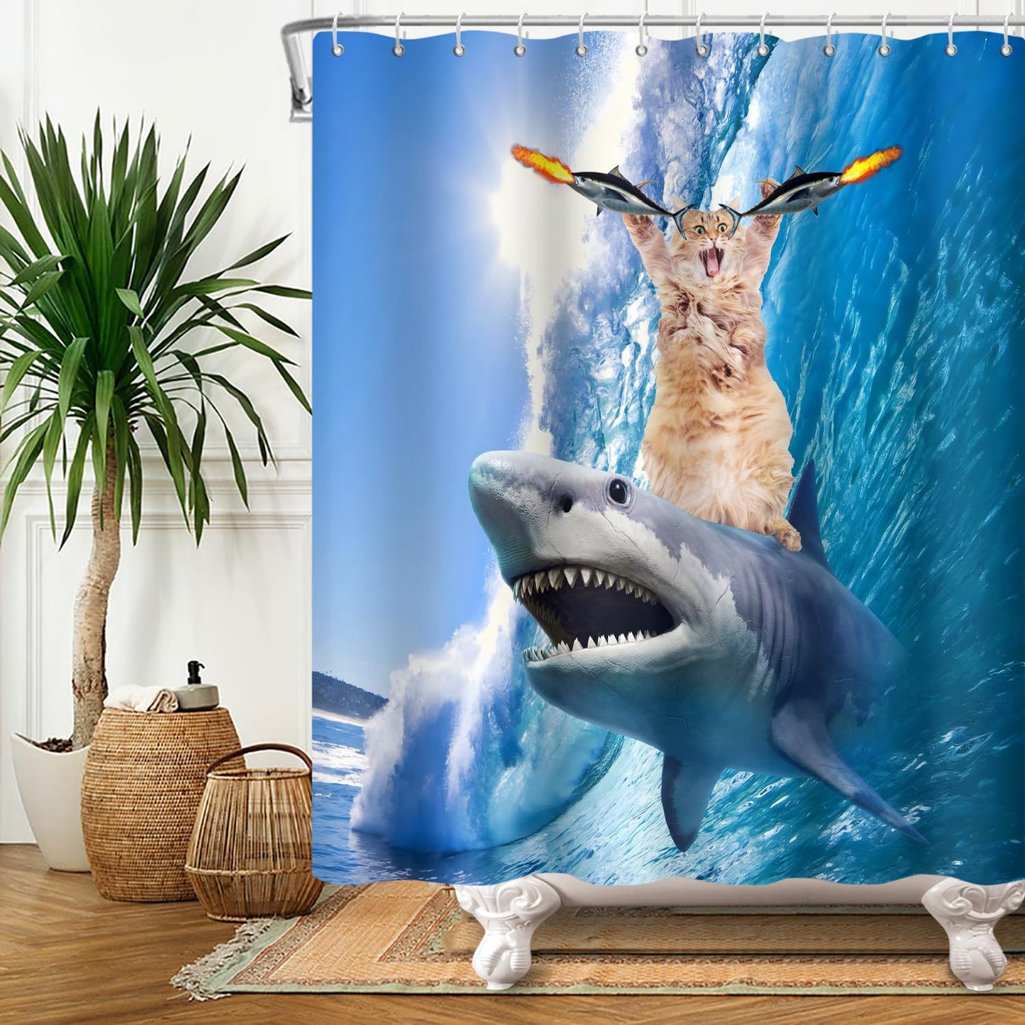 SDOTPMT 180x180cm Funny Cute Cat Shark Shower Curtain Blue Ocean Wave Bathtub Curtian Summer Cartoon Painting Bath Curtain for Kids Bathroom Decor
