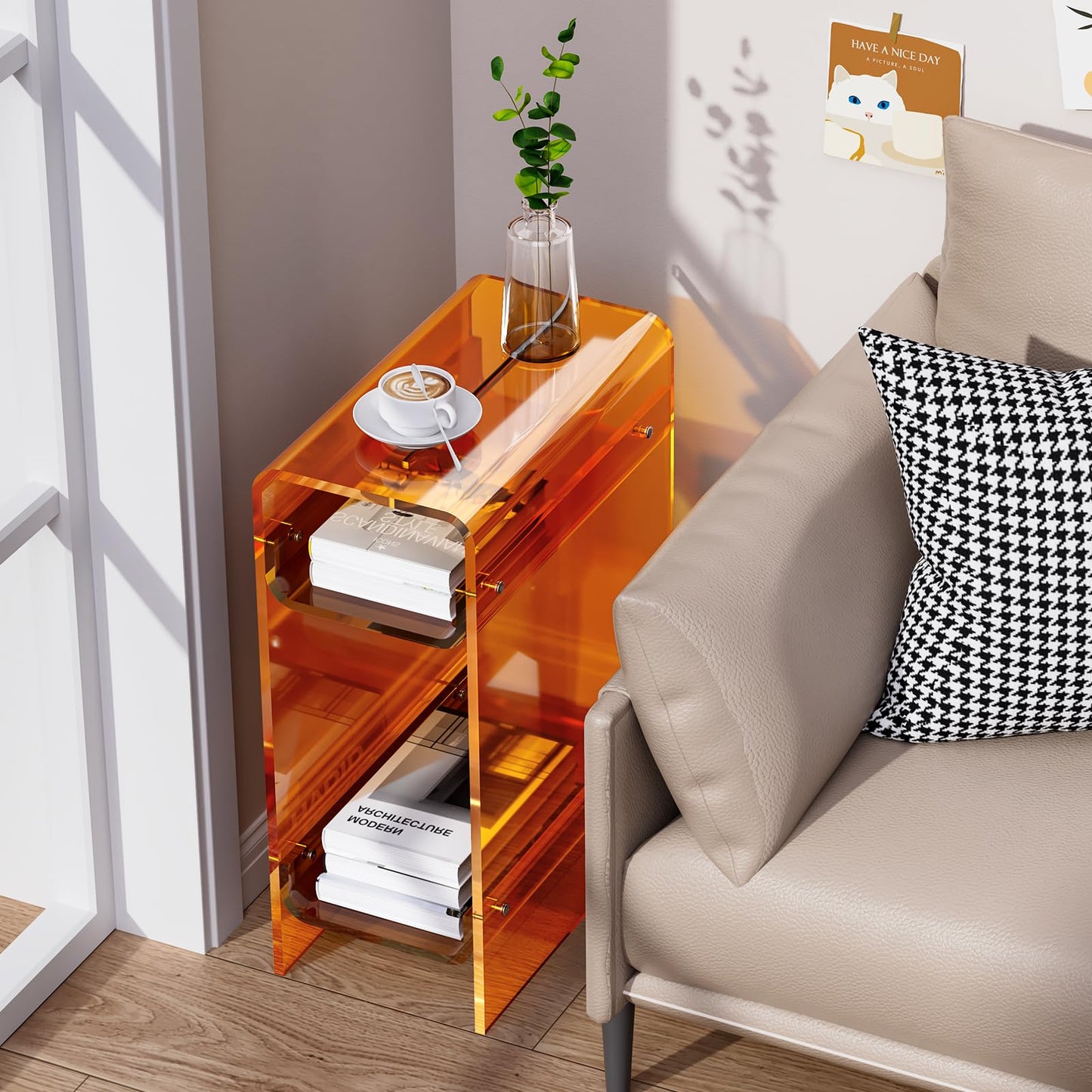 Dewrhiixe Clear Acrylic Side Table Narrow, Slim End Table for Small Spaces, Skinny Nightstand Bedside Table for Bedroom, Living Room, Office