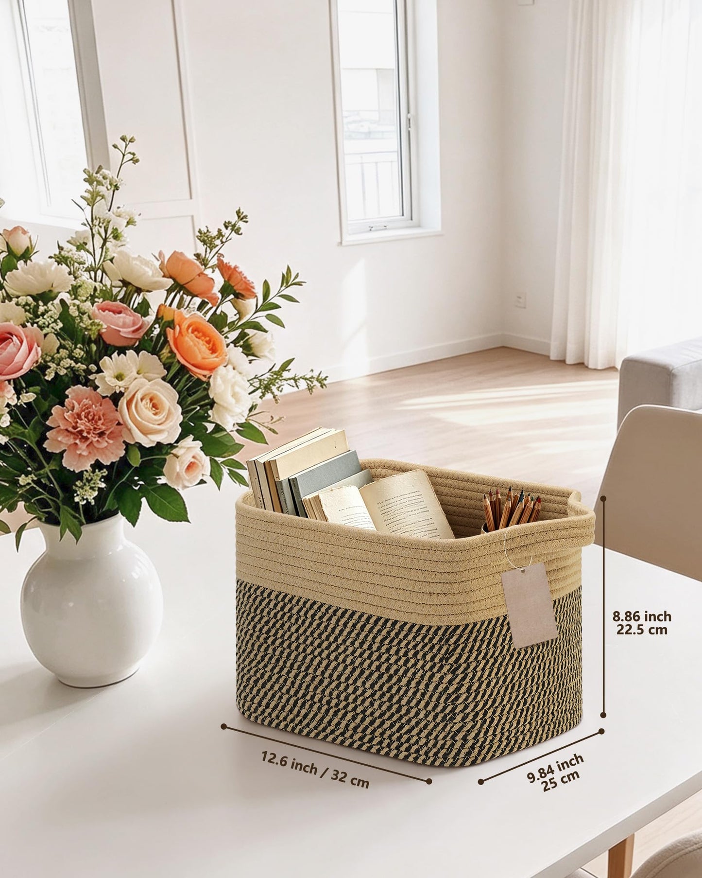 JOJOSEE Small Cotton Woven Storage Basket for Shelves, Black&Brown, 3PCS