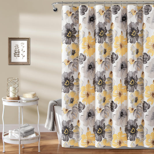 Lush Decor Leah Floral Shower Curtain, 72" W x 84" L, Yellow & Gray - Pretty Yellow Shower Curtain - Colorful Blooming Flowers - Extra Long Shower